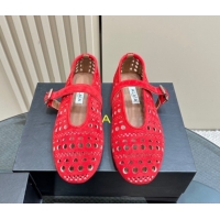 Best Luxury Alaia Ballet Flat in Openwork Suede Red 1223005