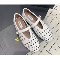 Good Quality Alaia Ballet Flat in Openwork Leather with Eyelet White 1223008