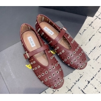 Duplicate Alaia Ballet Flat in Openwork Leather with Eyelet Dark Burgundy 1223009