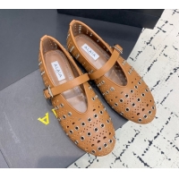 Low Cost Alaia Ballet Flat in Openwork Leather with Eyelet Light Brown 1223010