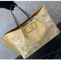 Buy Discount Valentino VLogo Signature Medium Shopping bag in raffia starw with floral embroidery 0880 Beige/White 2025