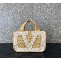 Promotional Valentino Viva Superstar Crochet Small Shopping Bag in Raffia Straw 0110S Beige/White 2025