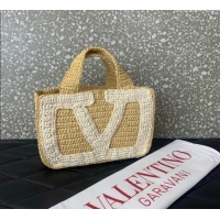 Promotional Valentino Viva Superstar Crochet Small Shopping Bag in Raffia Straw 0110S Beige/White 2025