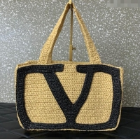 Promotional Valentino Viva Superstar Crochet Medium Shopping Bag in Raffia Straw 0110L Beige/Black 2025