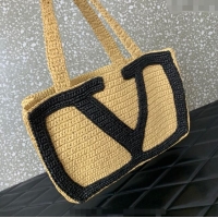 Promotional Valentino Viva Superstar Crochet Medium Shopping Bag in Raffia Straw 0110L Beige/Black 2025
