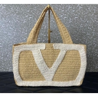Promotional Valentino Viva Superstar Crochet Medium Shopping Bag in Raffia Straw 0110L Beige/White 2025