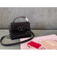 Trendy Design Valentino Mini VSling Handbag with Sparkling Strass Embroidery 01996 Chocolate/Black 2025