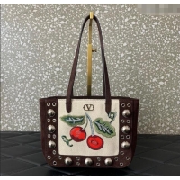 Top Quality Valentino Garavani Nellcote Mini Cherryfic Embroidered Shopping Bag 0078 Brown 2025