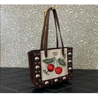 Top Quality Valentino Garavani Nellcote Mini Cherryfic Embroidered Shopping Bag 0078 Brown 2025