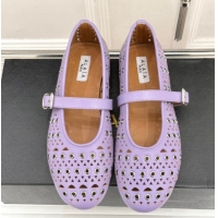 Promotion Alaia Ballet Flat in Openwork Leather with Eyelet Light Purple 1223013