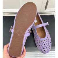 Promotion Alaia Ballet Flat in Openwork Leather with Eyelet Light Purple 1223013