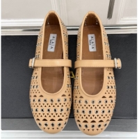 Super Quality Alaia Ballet Flat in Openwork Leather with Eyelet Apricot 1223014