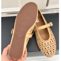 Super Quality Alaia Ballet Flat in Openwork Leather with Eyelet Apricot 1223014