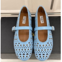 Best Price Alaia Ballet Flat in Openwork Leather with Eyelet Light Blue 1223015