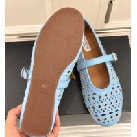 Best Price Alaia Ballet Flat in Openwork Leather with Eyelet Light Blue 1223015