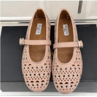 Top Quality Alaia Ballet Flat in Openwork Leather with Eyelet Light Pink 1223016