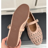 Top Quality Alaia Ballet Flat in Openwork Leather with Eyelet Light Pink 1223016