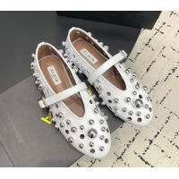 AAAAA Alaia Ballet Flats with Silver-Tone Spheres in Calfskin White 1223018