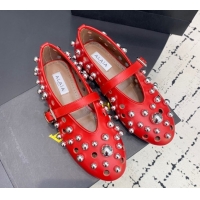 Buy Duplicate Alaia Ballet Flats with Silver-Tone Spheres in Calfskin Red 1223020