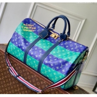 Top Quality Louis Vuitton Keepall Bandouliere 50 Travel Bag in Blue Stripes Monogram Heritage Canvas M25900 2025