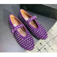Stylish Alaia Ballet Flat in Suede with Strass Purple 1223026