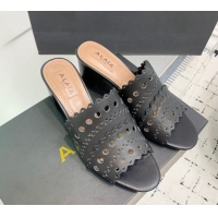 Grade Quality Alaia Heel Slides Sandal in Openwork Leather Black 1223031