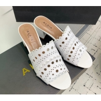 Charming Alaia Heel Slides Sandal in Openwork Leather Snow White AL122302 1223033