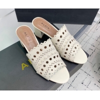 Grade Quality Alaia Heel Slides Sandal in Openwork Leather Ivory White AL122302 1223032