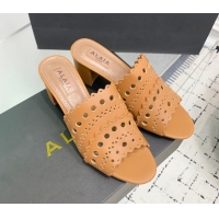 Classic Hot Alaia Heel Slides Sandal in Openwork Leather Apricot AL122302 1223034