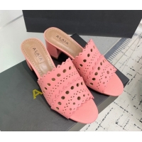 Good Quality Alaia Heel Slides Sandal in Openwork Leather Pink AL122302 1223035