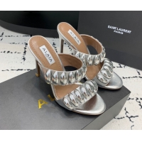 Luxurious Alaia Tribal Leather Heel Slides Sandal 10cm with Metalic Pebbles Silver-Tone 1223050