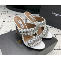 Classic Hot Alaia Tribal Leather Heel Slides Sandal 10cm with Metalic Pebbles White 1223051