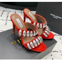 Good Quality Alaia Tribal Suede Heel Slides Sandal 10cm with Metalic Pebbles Red 1223053