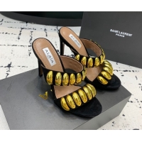 Durable Alaia Tribal Suede Heel Slides Sandal 10cm with Metalic Pebbles Black/Gold 1223055