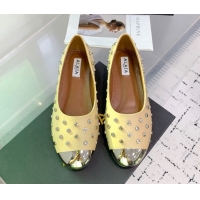 Best Grade Alaia Leather Ballet Flat with Silver-Tone Toe and Studs Yellow 1223058