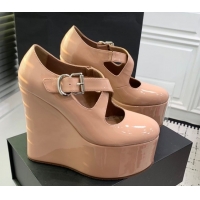 Top Grade Maison Alaia Criss Cross Wedge Pumps 14.5cm in Patent Calfskin Nude 0219007
