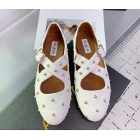Pretty Style Maison Alaia Criss Cross Ballet Flats in Suede and Studs White 0219018