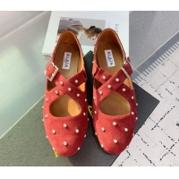Durable Maison Alaia Criss Cross Ballet Flats in Suede and Studs Red Brown 0219019