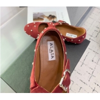 Durable Maison Alaia Criss Cross Ballet Flats in Suede and Studs Red Brown 0219019