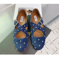 Shop Duplicate Maison Alaia Criss Cross Ballet Flats in Suede and Studs Dark Blue 0219020