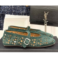 Pretty Style Alaia Ballet Flat in Openwork Suede Dark Green 0224044