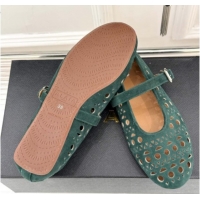Pretty Style Alaia Ballet Flat in Openwork Suede Dark Green 0224044
