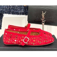 Good Looking Alaia Ballet Flat in Openwork Suede Red 0224045