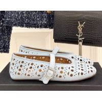 Shop Duplicate Alaia Ballet Flat in Openwork Suede Light Blue 50224046