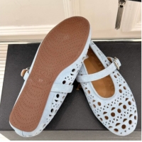 Shop Duplicate Alaia Ballet Flat in Openwork Suede Light Blue 50224046