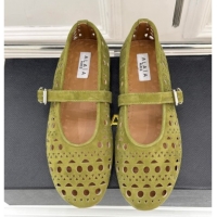 Popular Style Alaia Ballet Flat in Openwork Suede Light Green 0224047