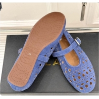 Duplicate Alaia Ballet Flat in Openwork Suede Blue Purple 50224052
