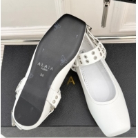 Affordable Price Alaia Biker Squared toe Ballet Flats in Calfskin and Eyelets with Buckle White 50224054