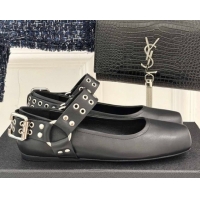 Duplicate Alaia Biker Squared toe Ballet Flats in Calfskin and Eyelets with Buckle Black 50224055