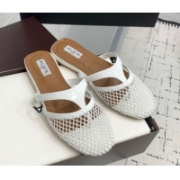 Stylish Alaia Intricated Flat Mules in Fishnet and Patent Leather White 0428068